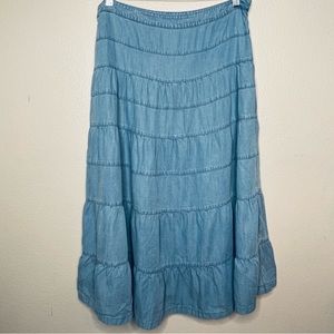 Tiered denim chambray maxi skirt side zip light wash prairie trending size 10